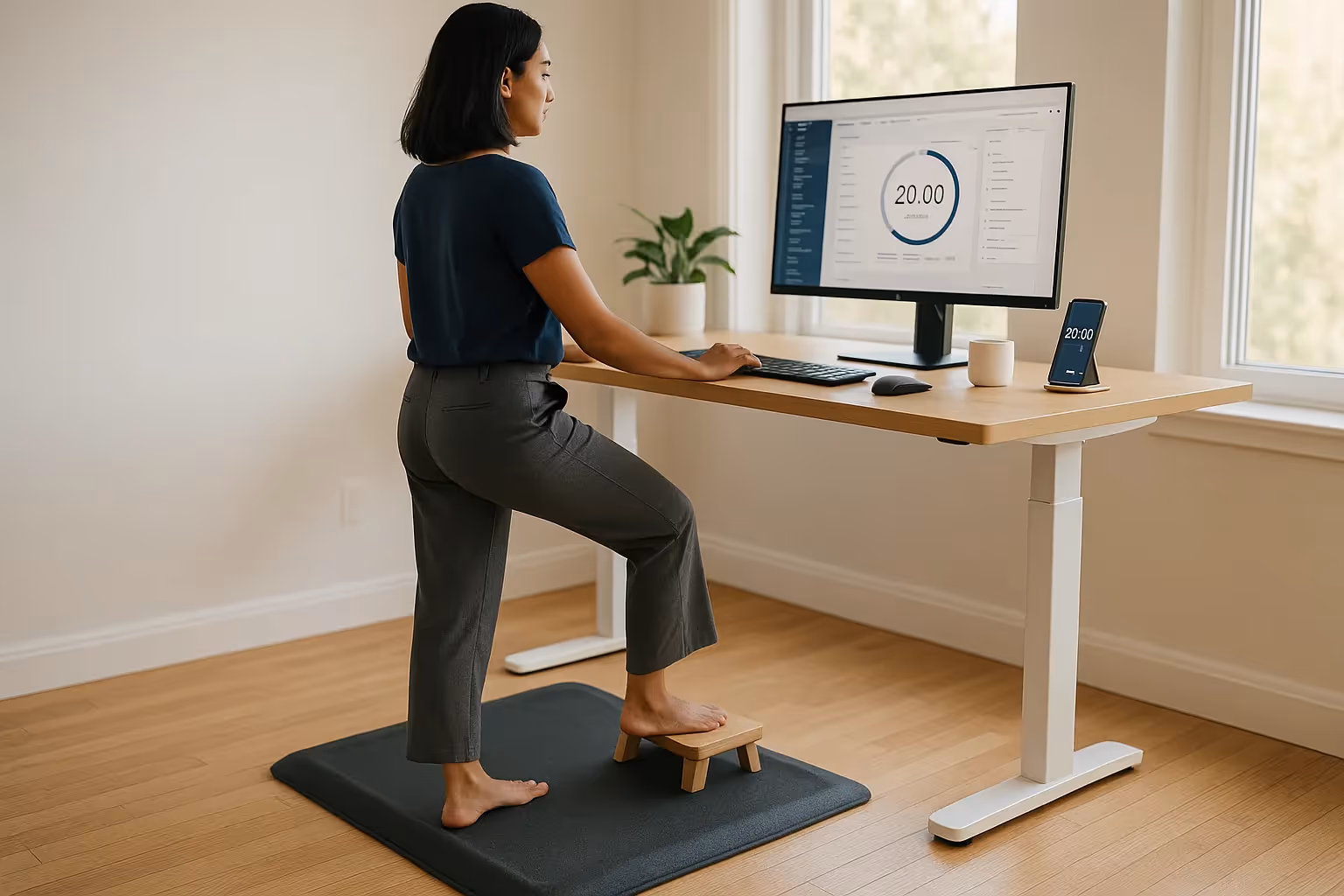 Woman standing on anti-fatigue mat at standing desk with footrest in home office.