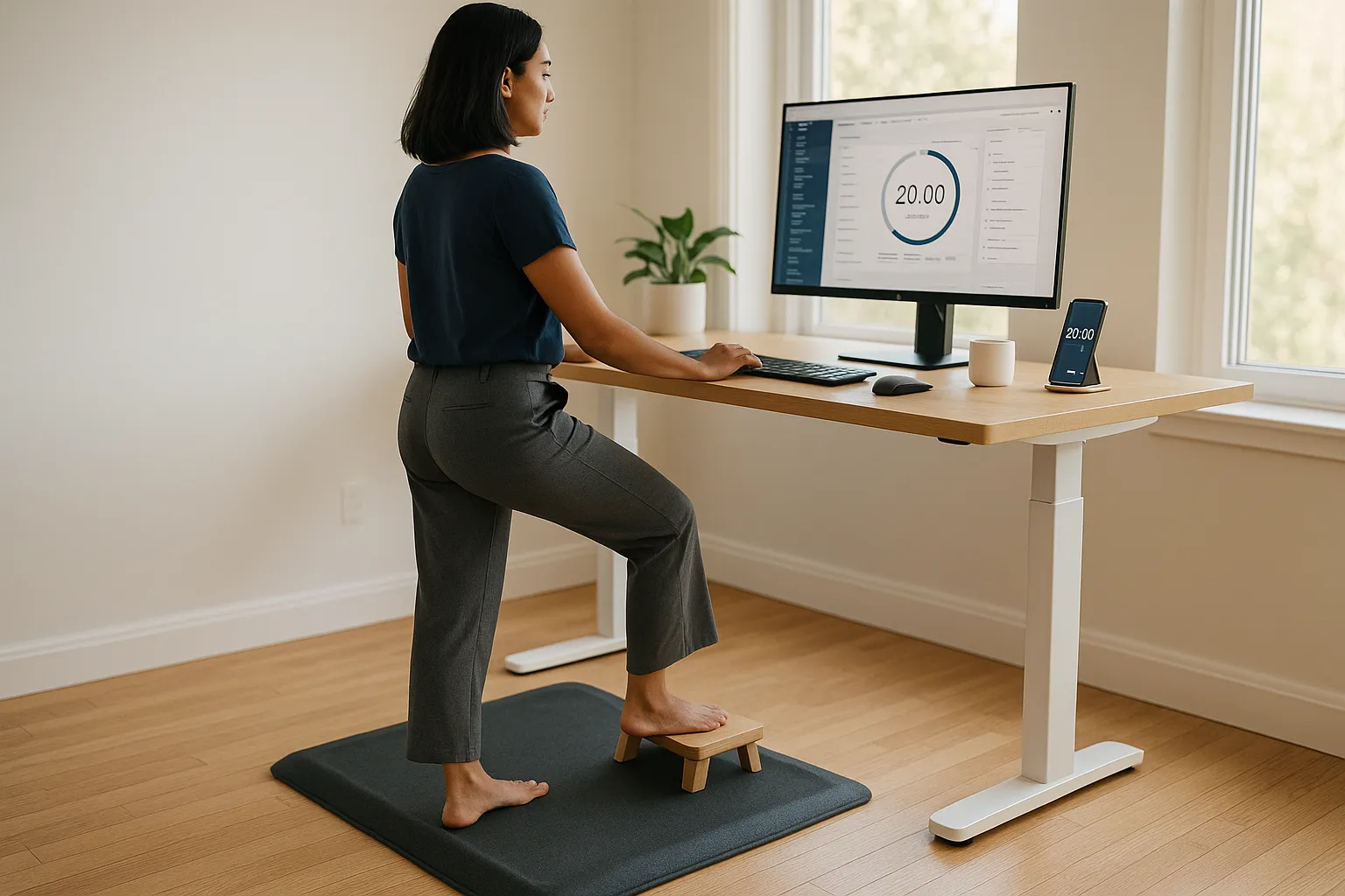 Woman standing on anti-fatigue mat at standing desk with footrest in home office.