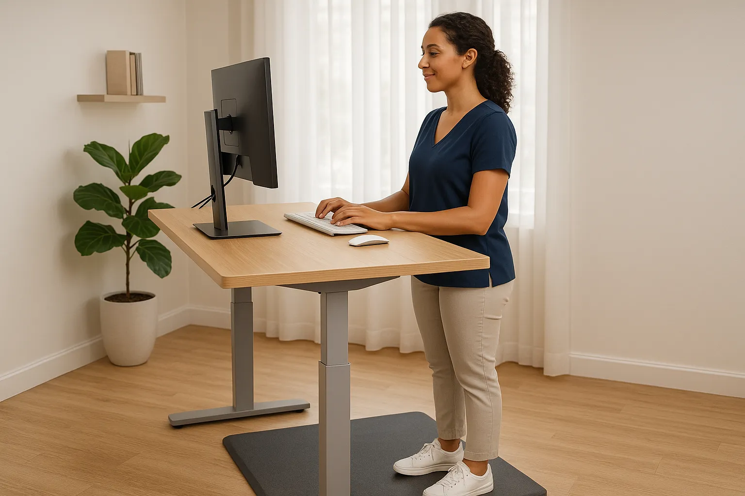 Woman standing at adjustable desk with arms at 90-degree elbow angle.