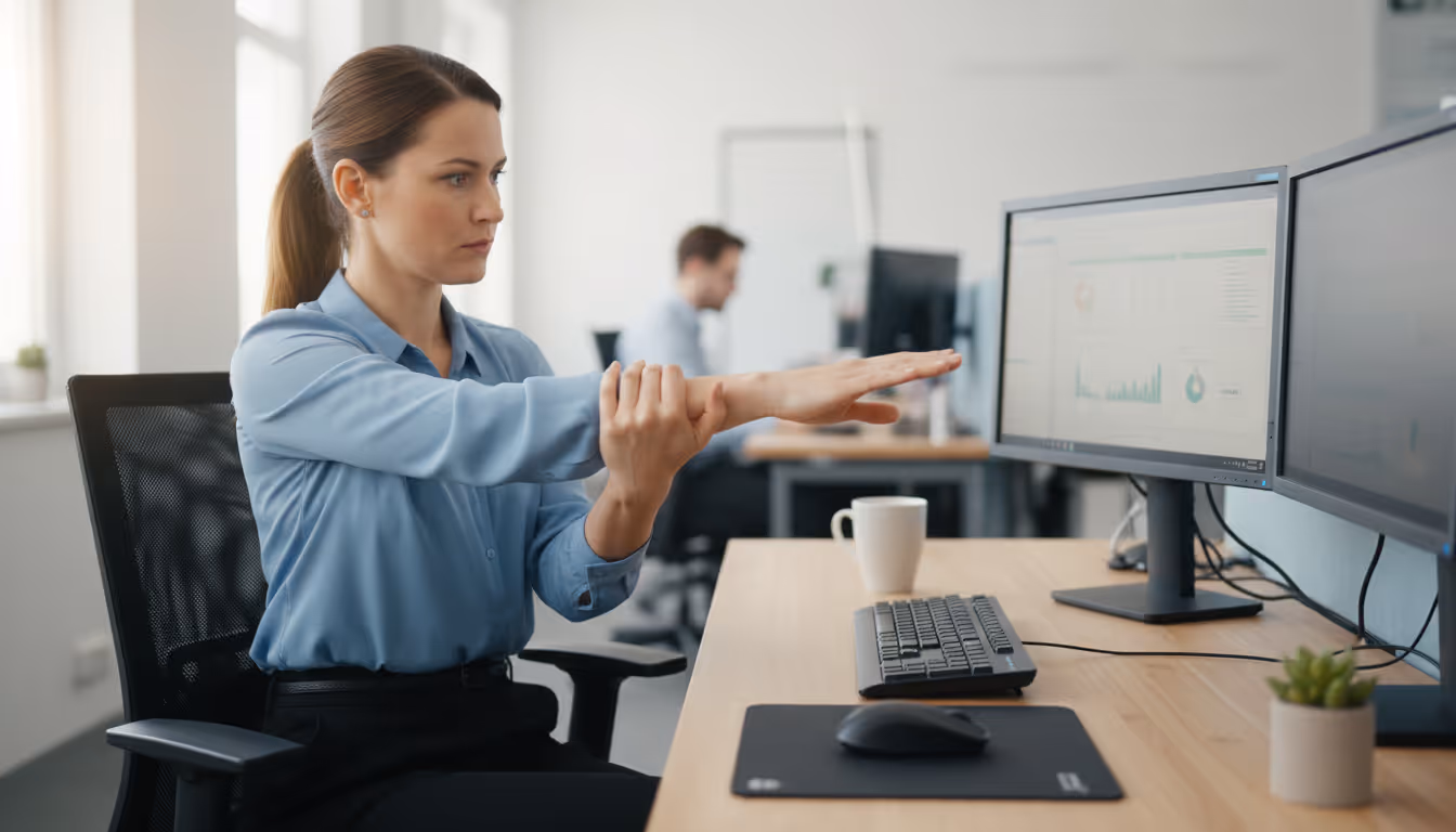 Office worker doing wrist extensor exercise, mouse set aside during microbreak.