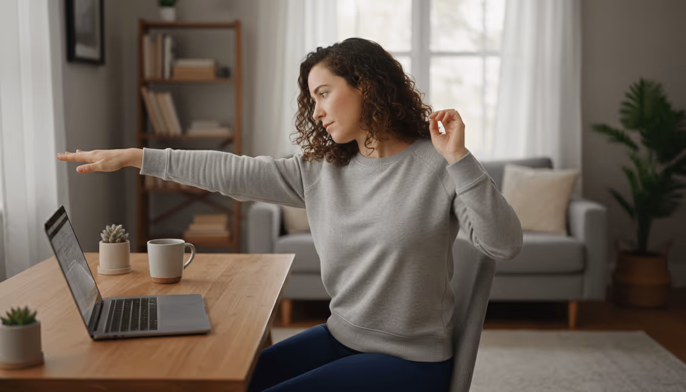 Woman performs ulnar nerve glide at a home desk with neutral wrist.