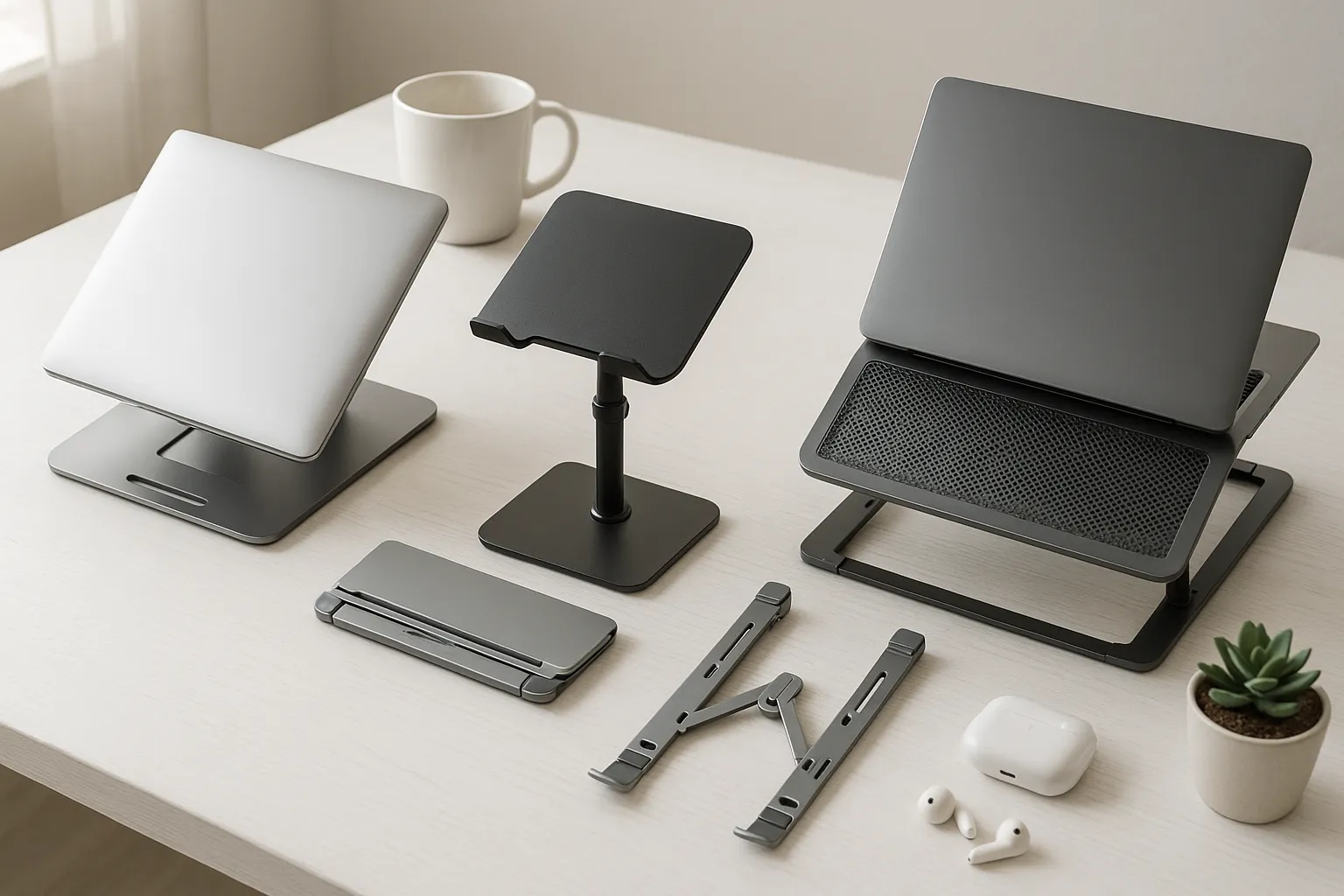 Four different laptop stand types arranged on a white desk in natural light.
