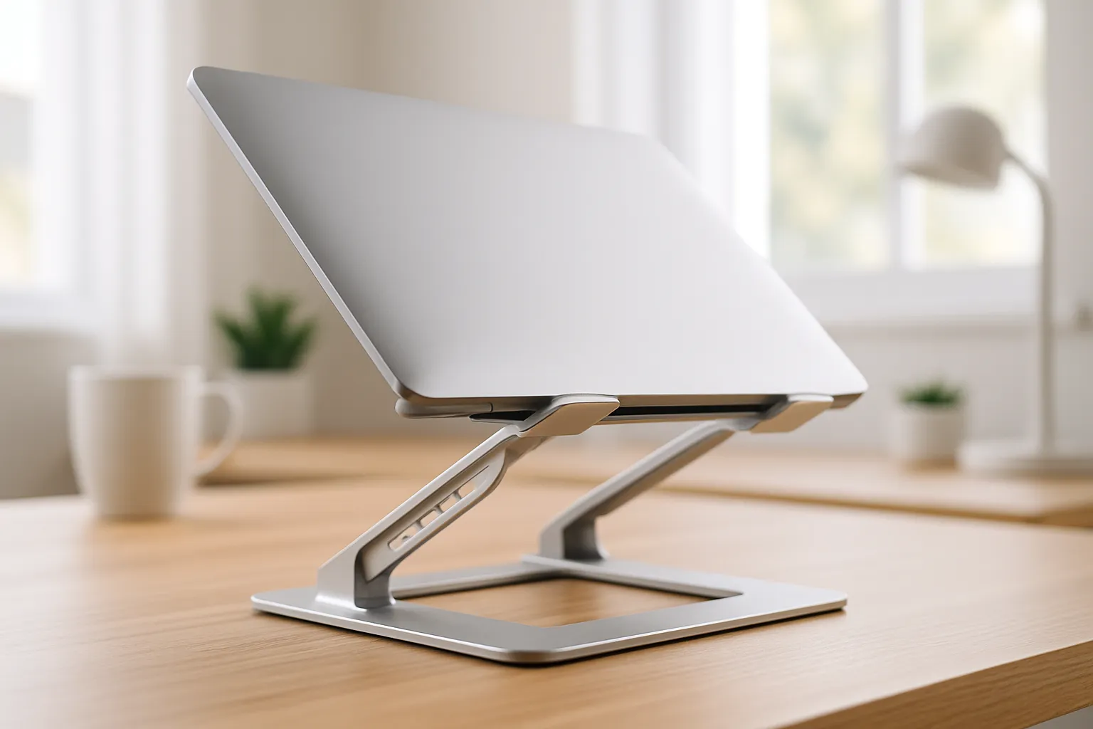 Adjustable aluminum laptop stand on a wooden desk in a bright home office.