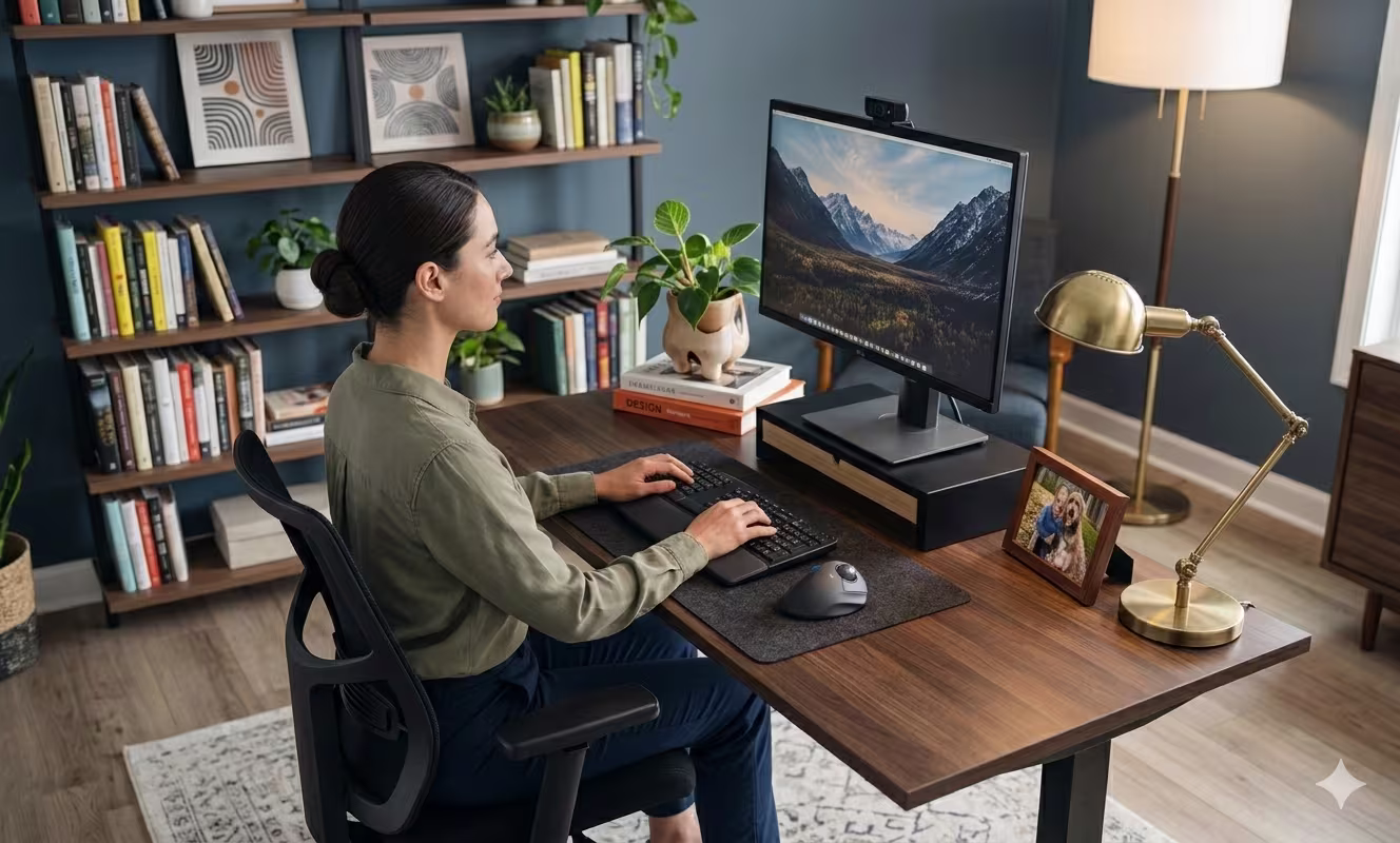 Woman demonstrating proper ergonomic posture at a modern home office workstation.