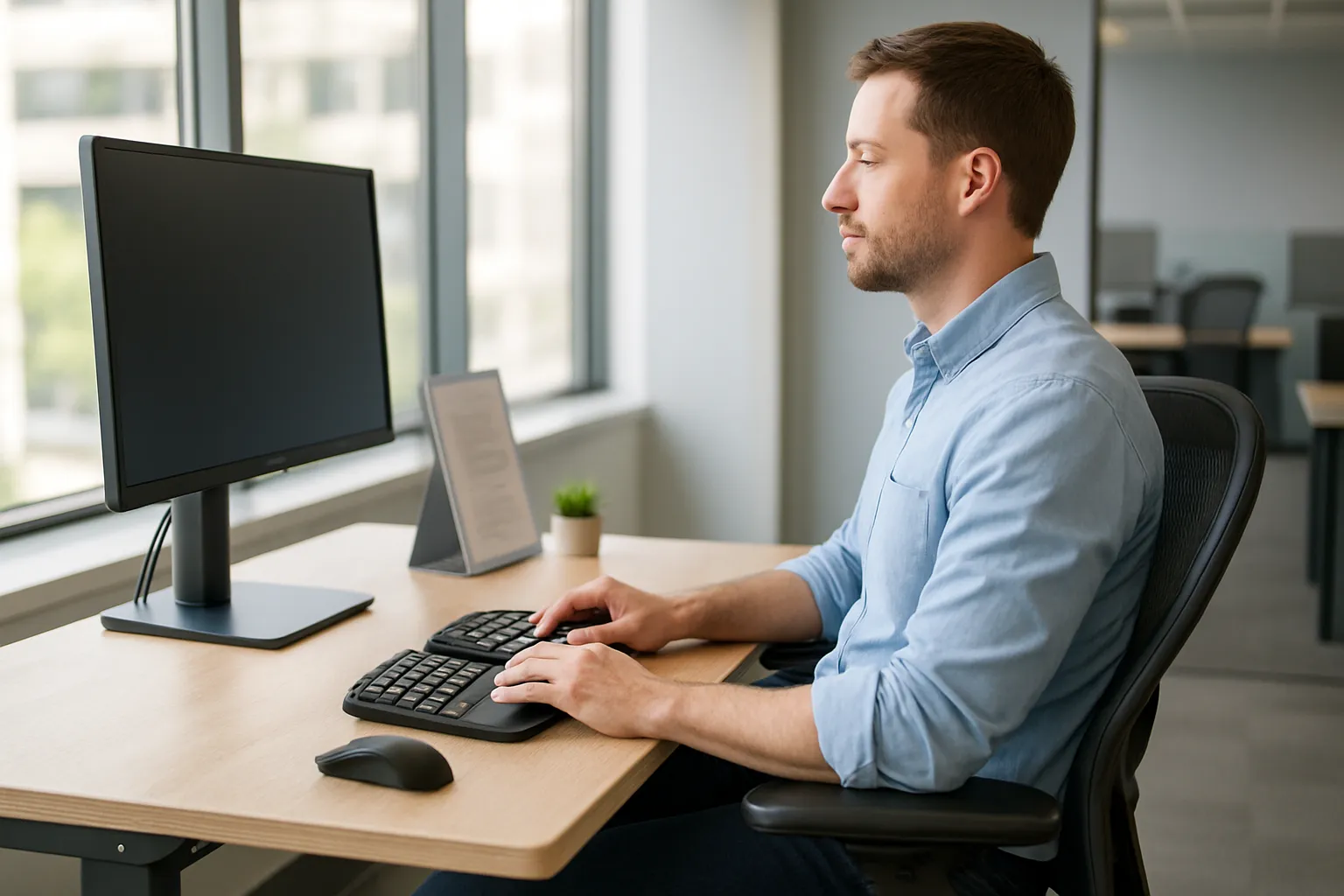 Office worker with proper ergonomic posture at an adjustable desk workstation.