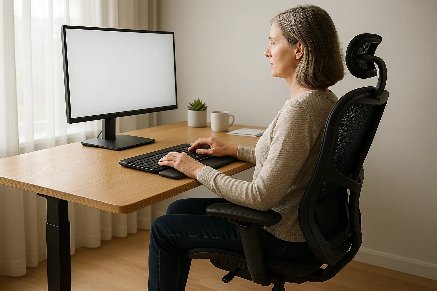 Woman demonstrating proper ergonomic posture at an organized home office desk.