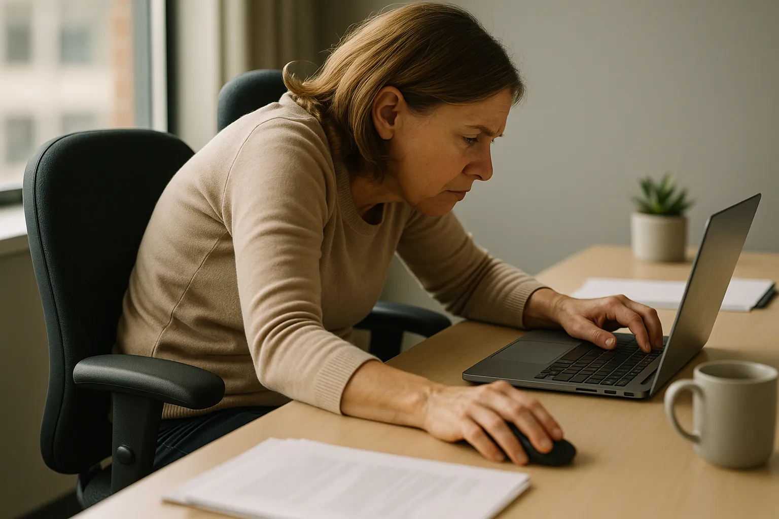Woman hunching forward at desk with poor posture using a laptop.
