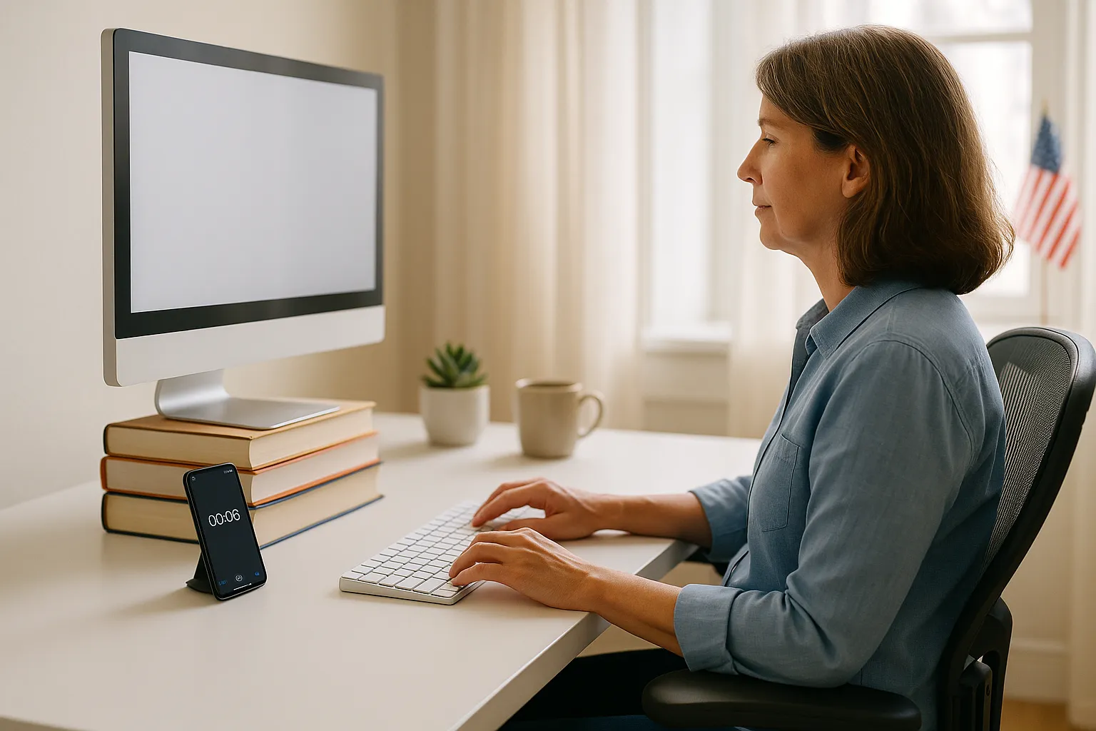 Woman at desk with monitor raised on books and keyboard pulled forward.