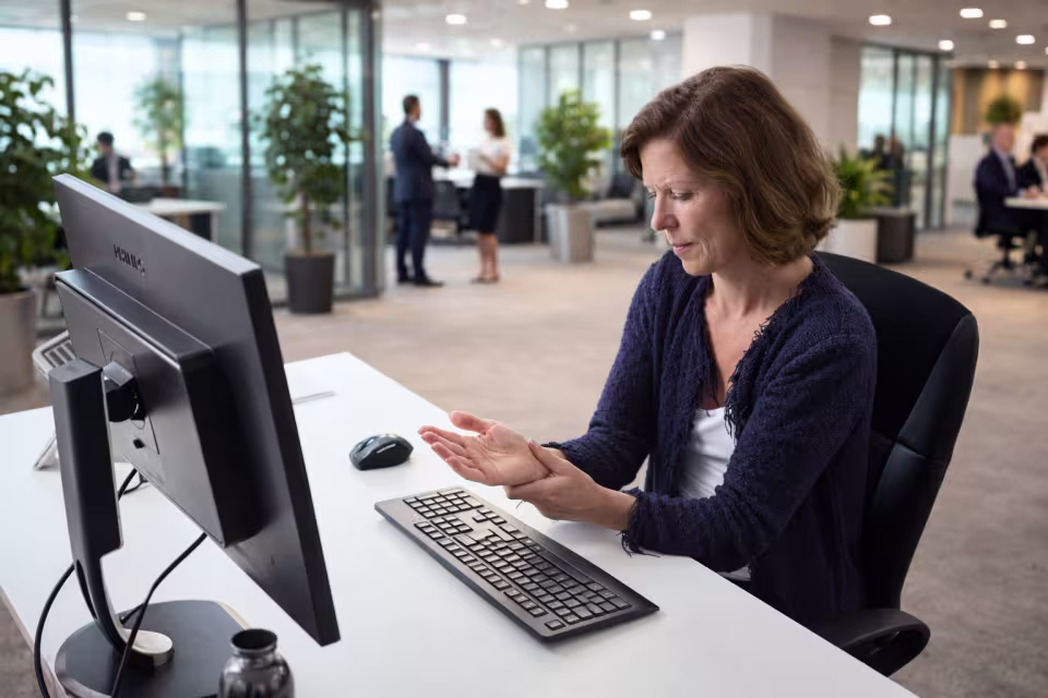 Office worker sitting at a desk rubbing her wrist while looking at a computer monitor, illustrating discomfort caused by poor ergonomic setup.