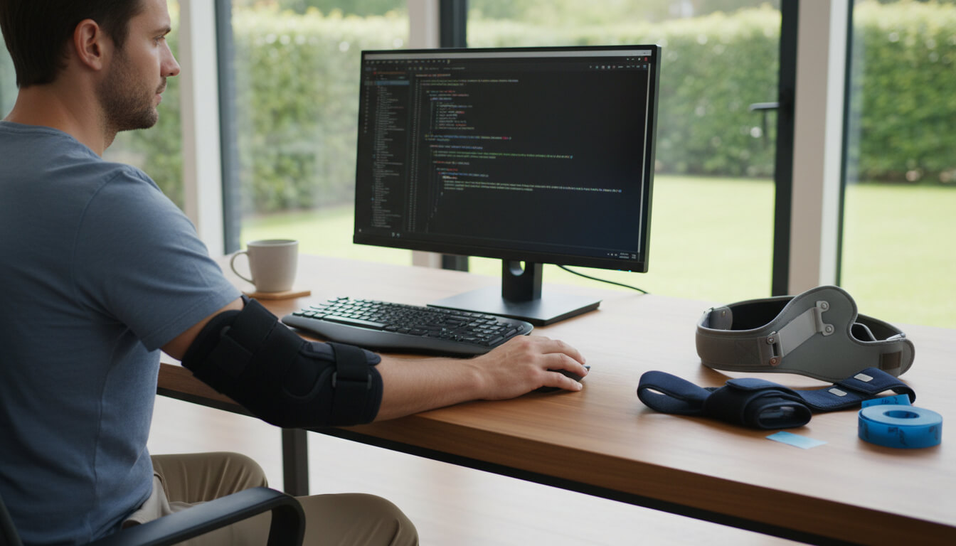 Person using a computer wearing a slim counterforce elbow brace, with other braces nearby.