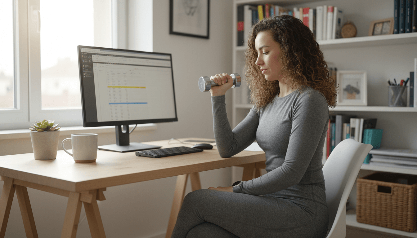 Woman doing forearm rotation with a small dumbbell at a home office desk.