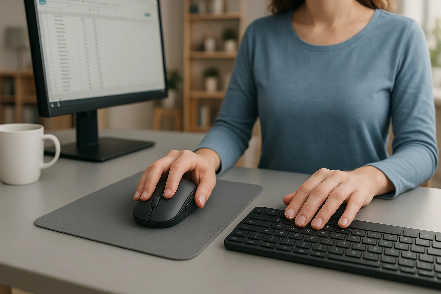 Woman using an ambidextrous mouse with her left hand at a tidy desk.