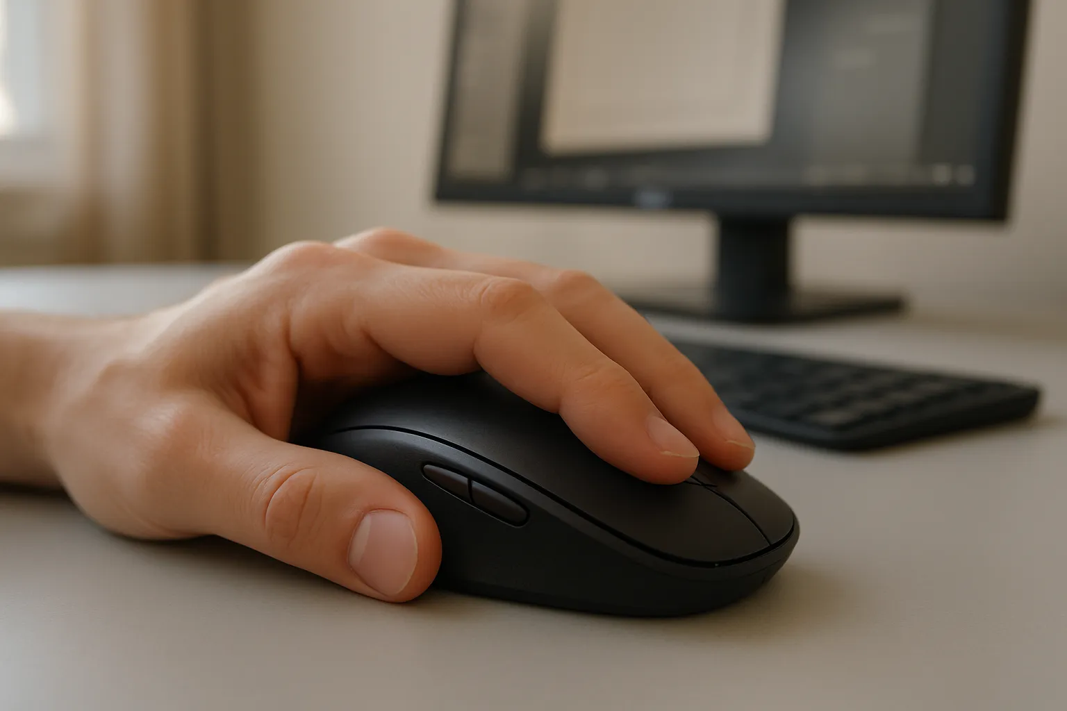 A hand resting comfortably on a symmetrical ambidextrous mouse on a desk.