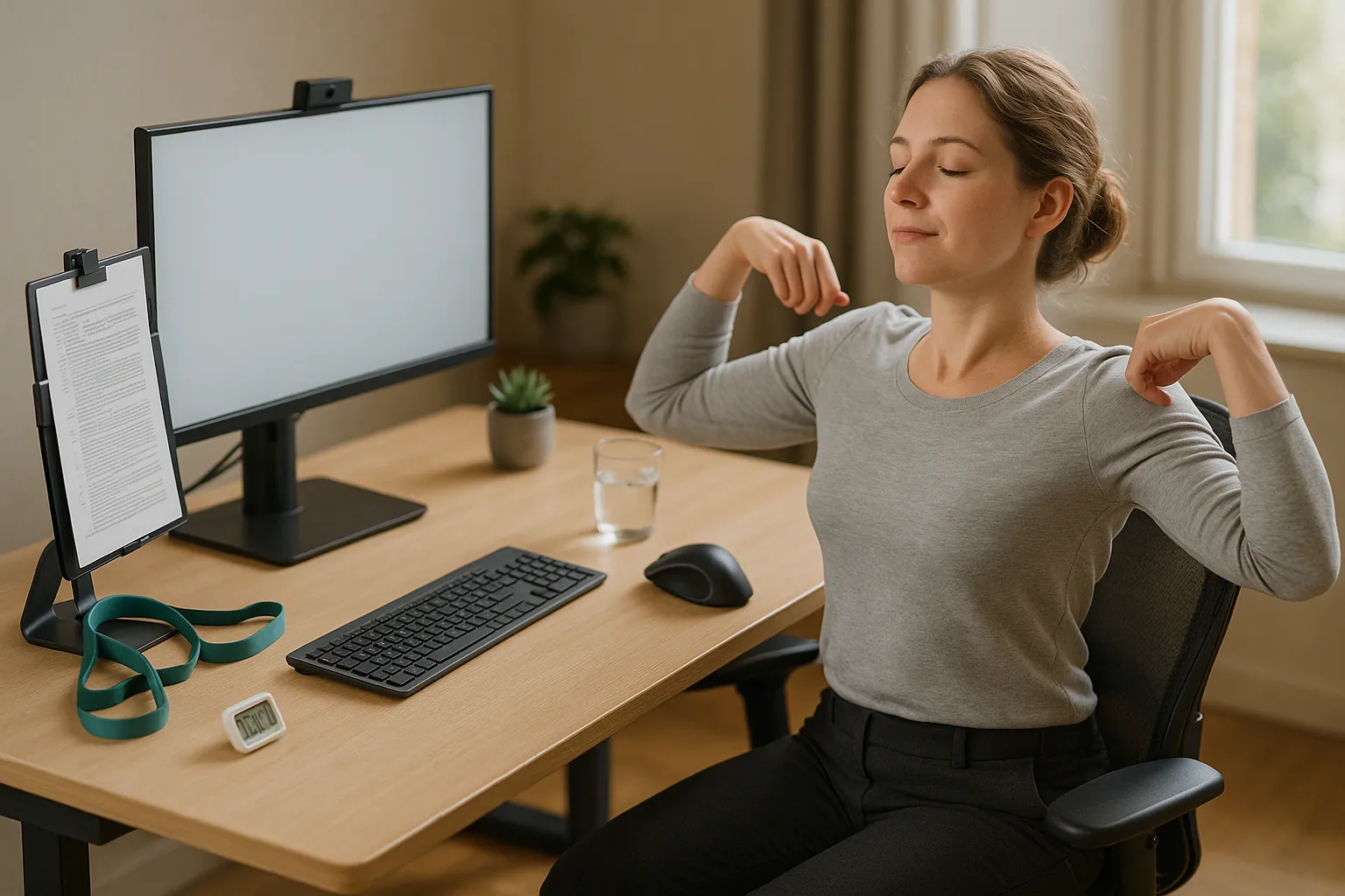A woman doing a shoulder stretch at a properly set up ergonomic desk workstation.