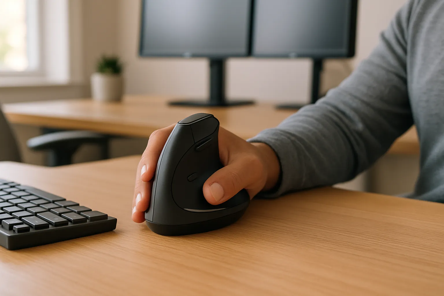 A hand resting on a vertical ergonomic mouse with a relaxed, natural shoulder position.