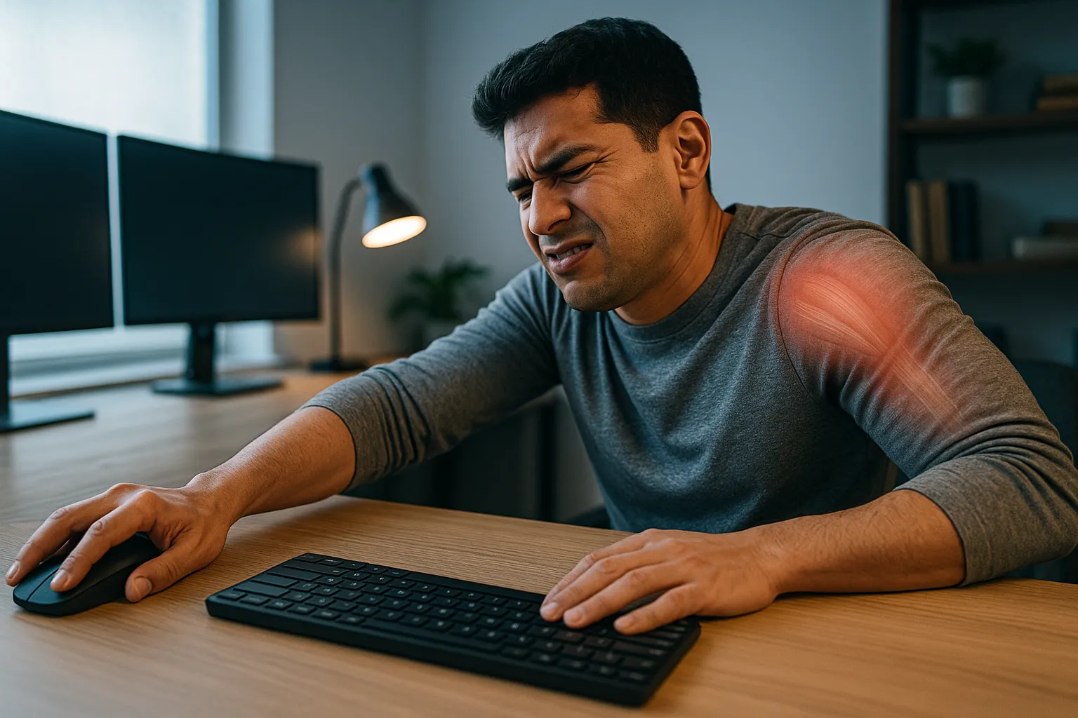 Office worker reaching for a computer mouse with visible shoulder tension and strain.