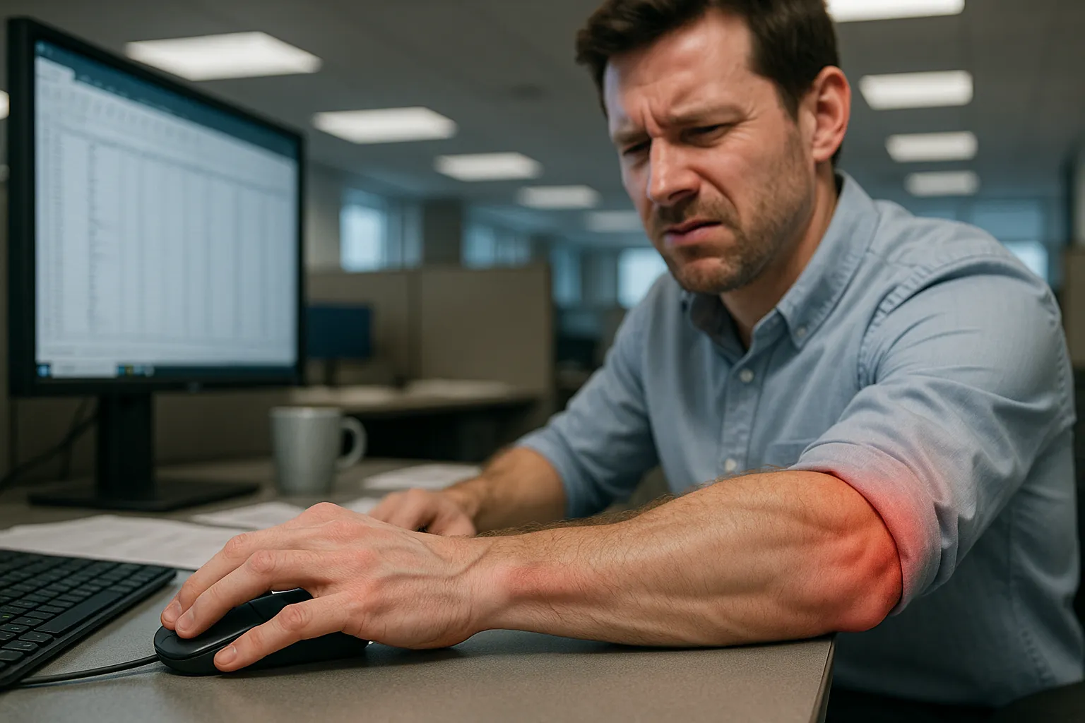 Office worker gripping a flat mouse with a visibly strained wrist and forearm.