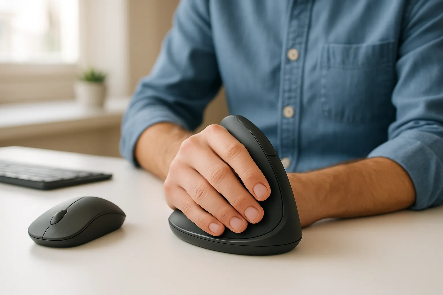 Hand gripping a vertical ergonomic mouse beside a standard flat mouse on a desk.