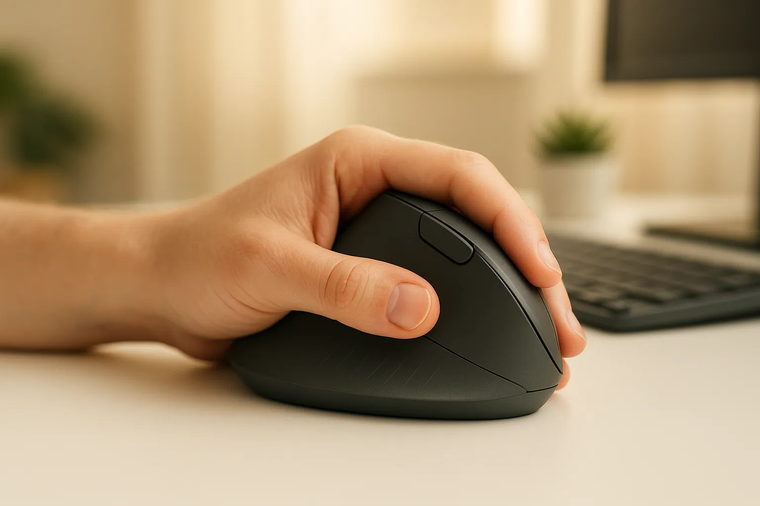 A relaxed hand resting on an ergonomic vertical mouse on a home office desk.