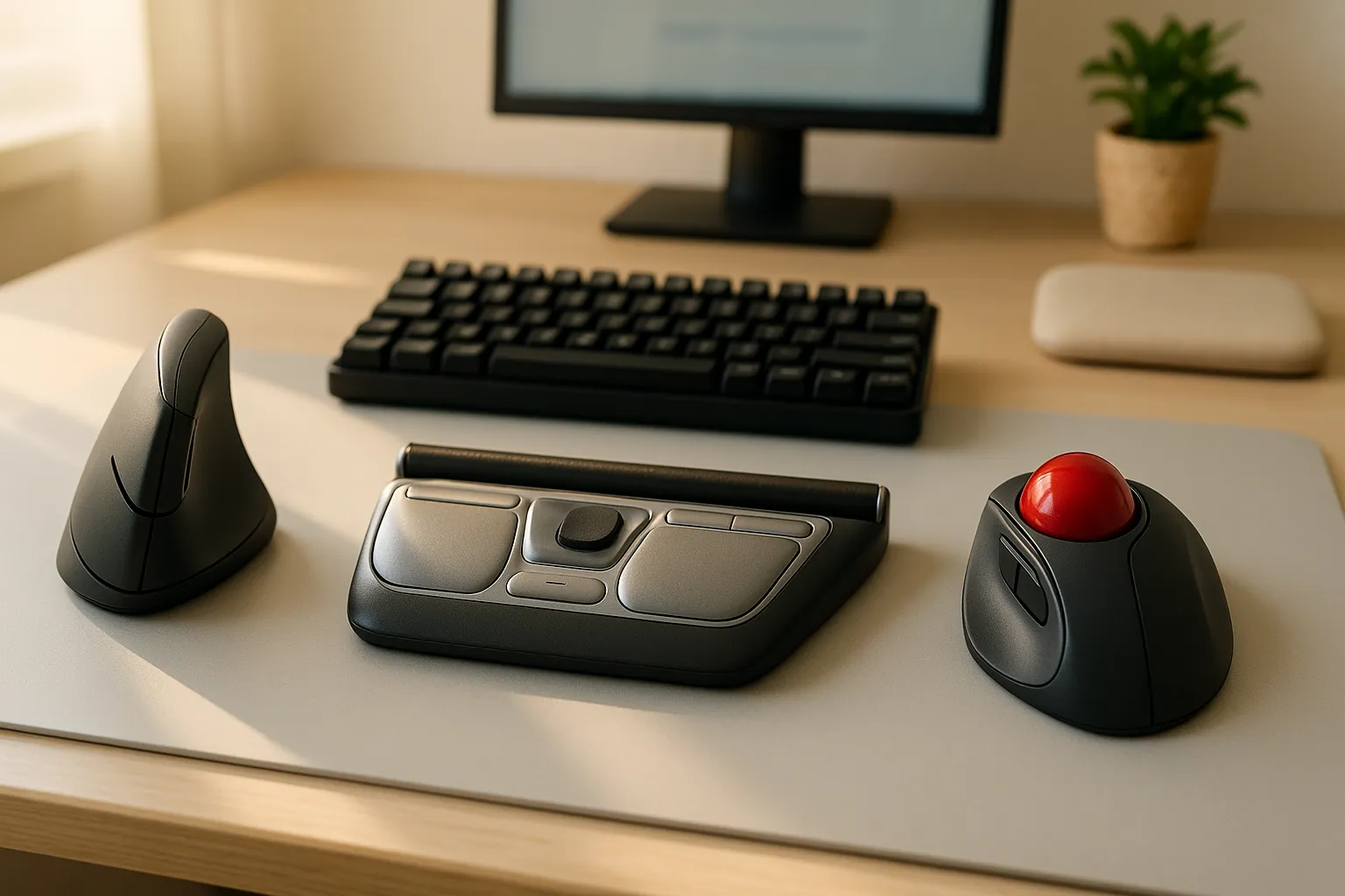 Three ergonomic mice — vertical, roller bar, and trackball — displayed on a clean office desk.