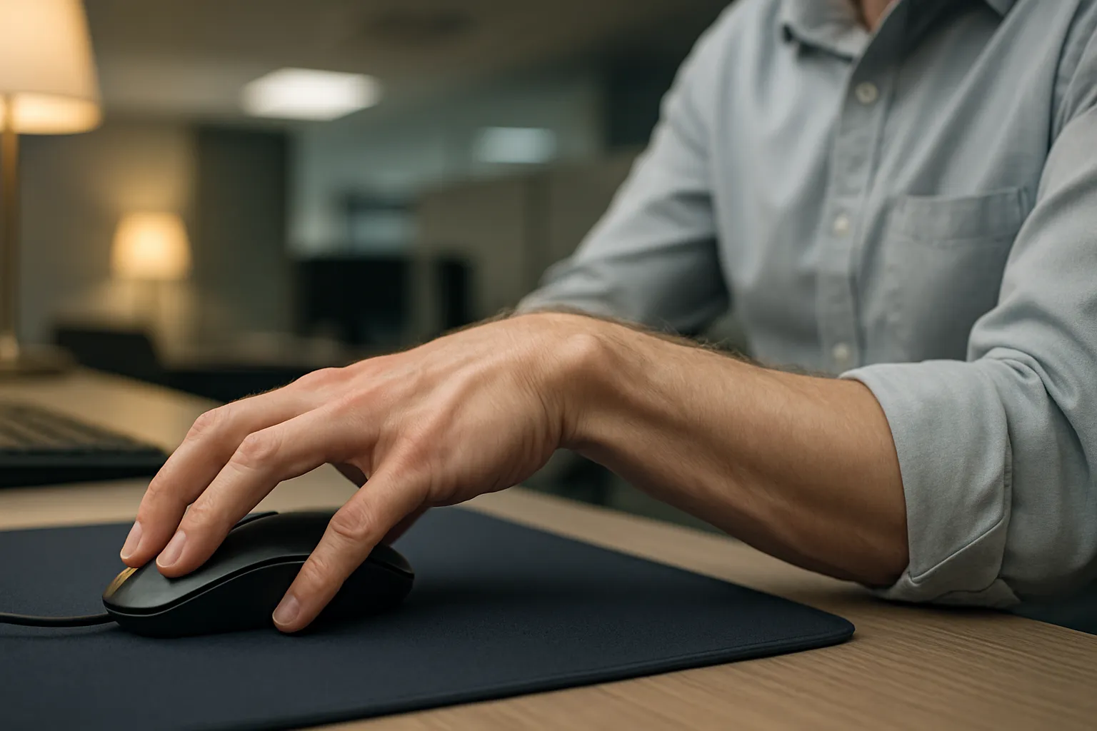 A person using a flat computer mouse with a strained, bent wrist posture at an office desk.