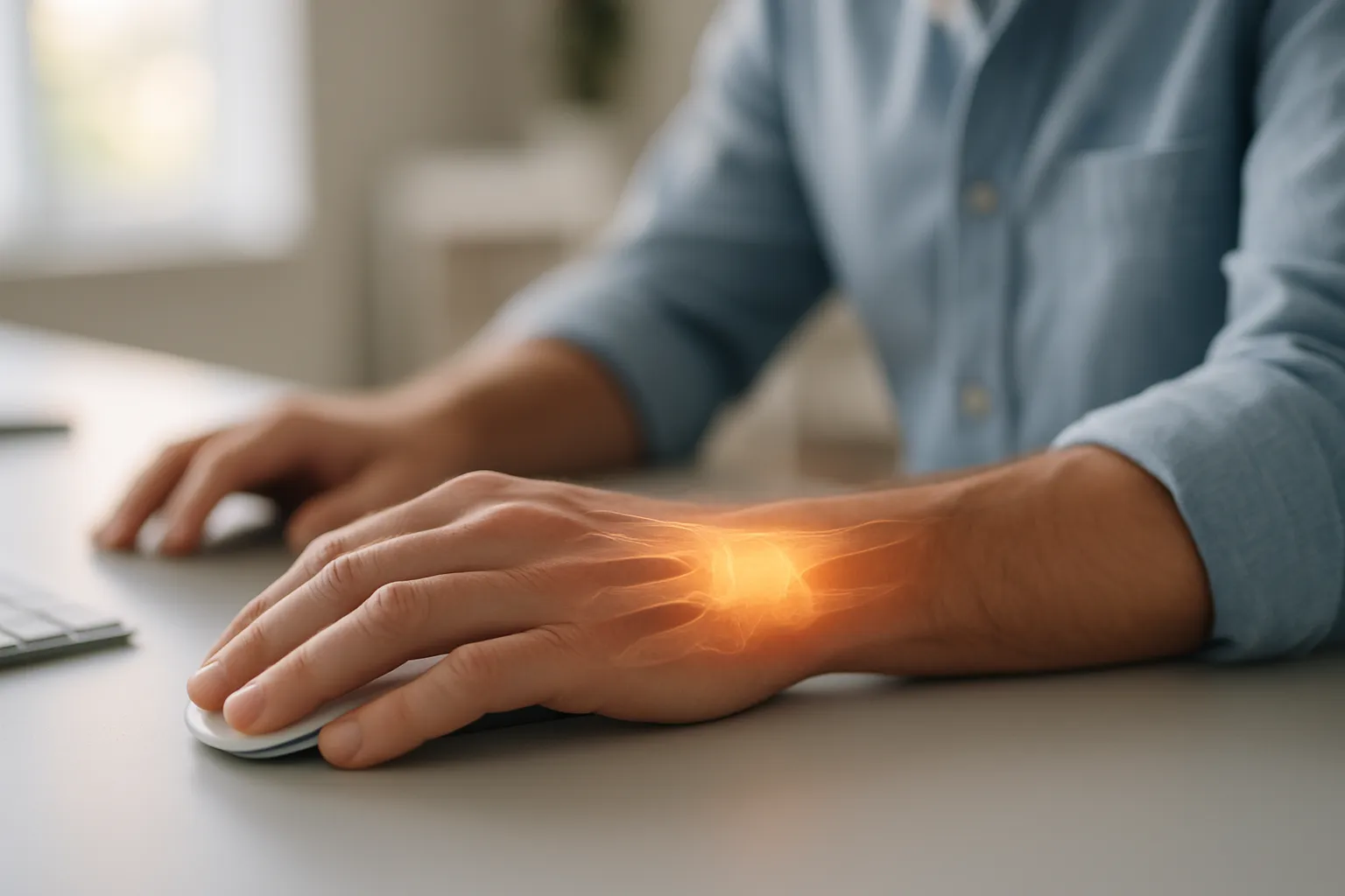 A person's wrist in a pronated position on a desk, highlighting carpal tunnel strain.