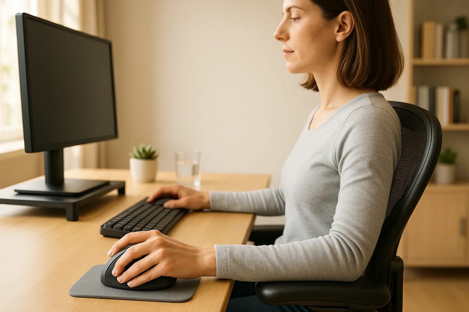 A woman using an ergonomic mouse at a properly set up office workstation.