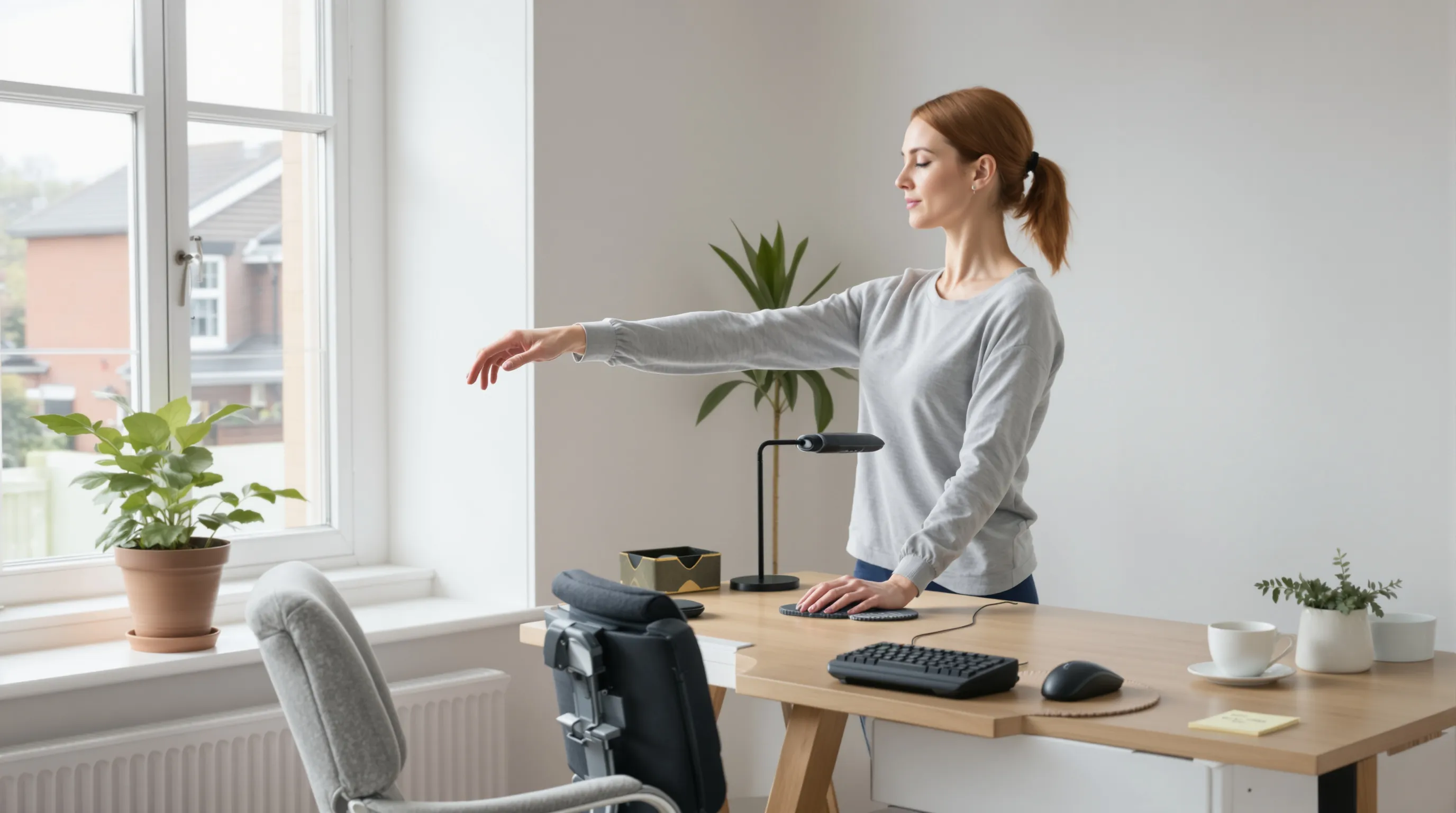 Woman performs radial nerve glide at home desk for mouse elbow relief.