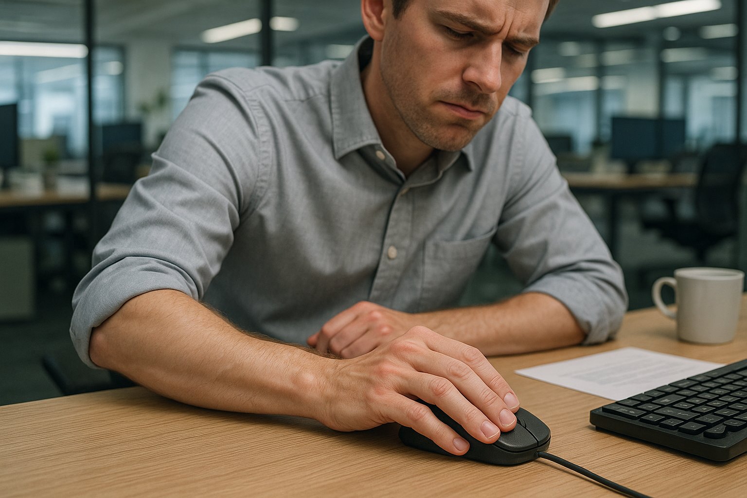 Office worker gripping a standard mouse with a strained, pronated wrist posture.