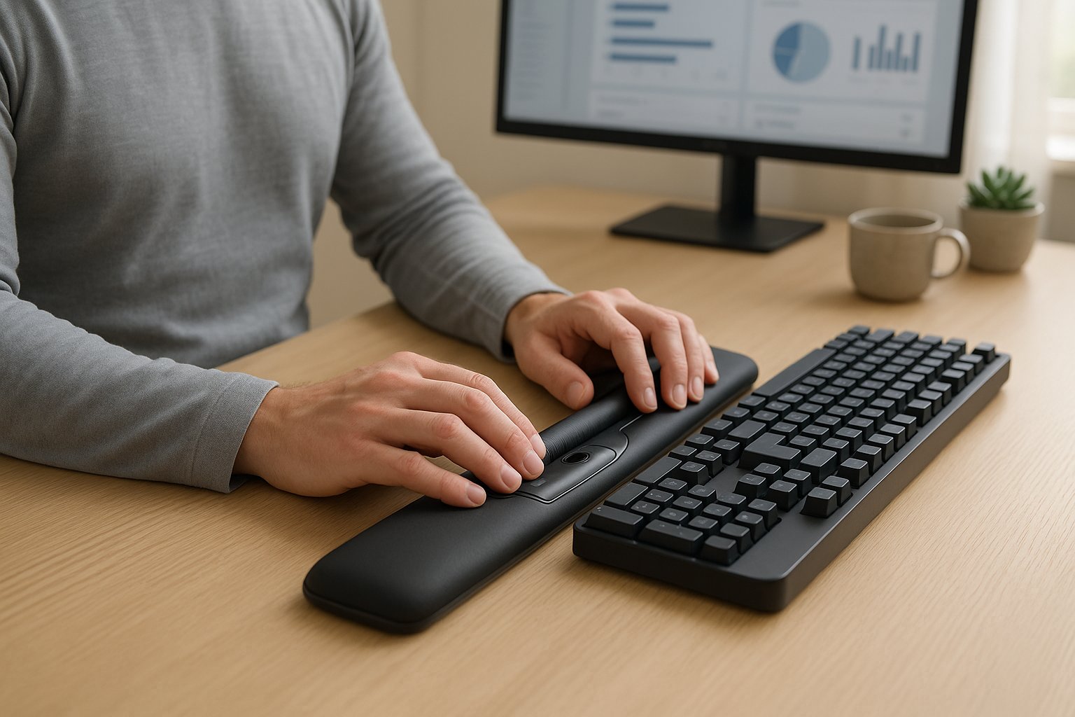 A man using a centered ergonomic roller mouse bar with relaxed posture at a desk.