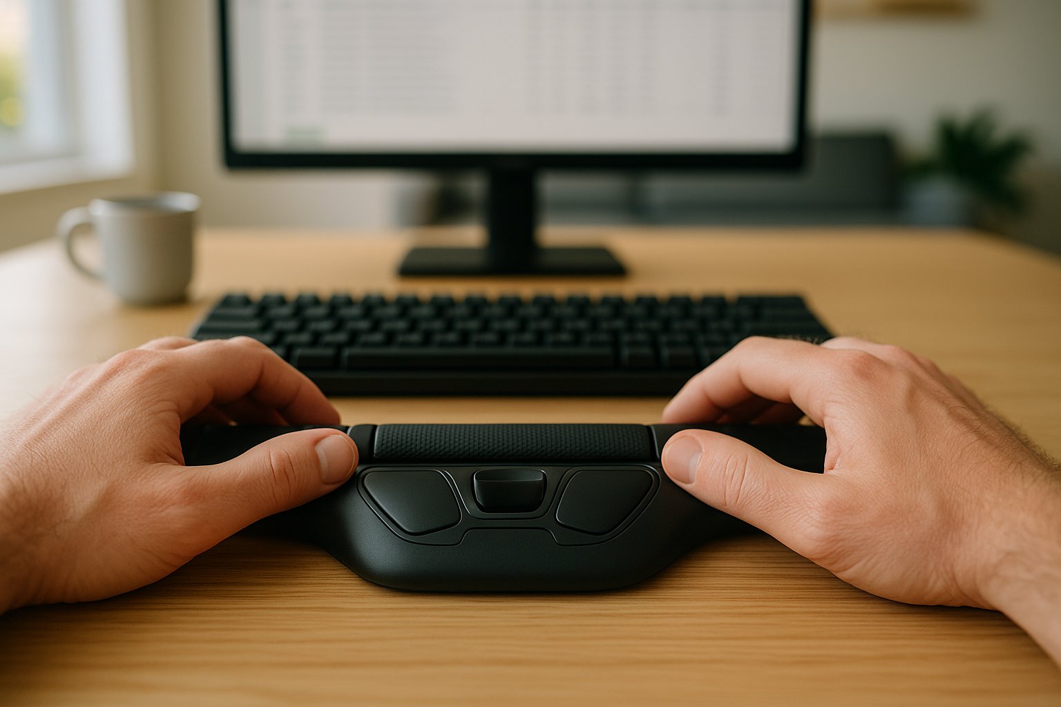 Two hands resting on a centered computer mouse roller bar in front of a keyboard.