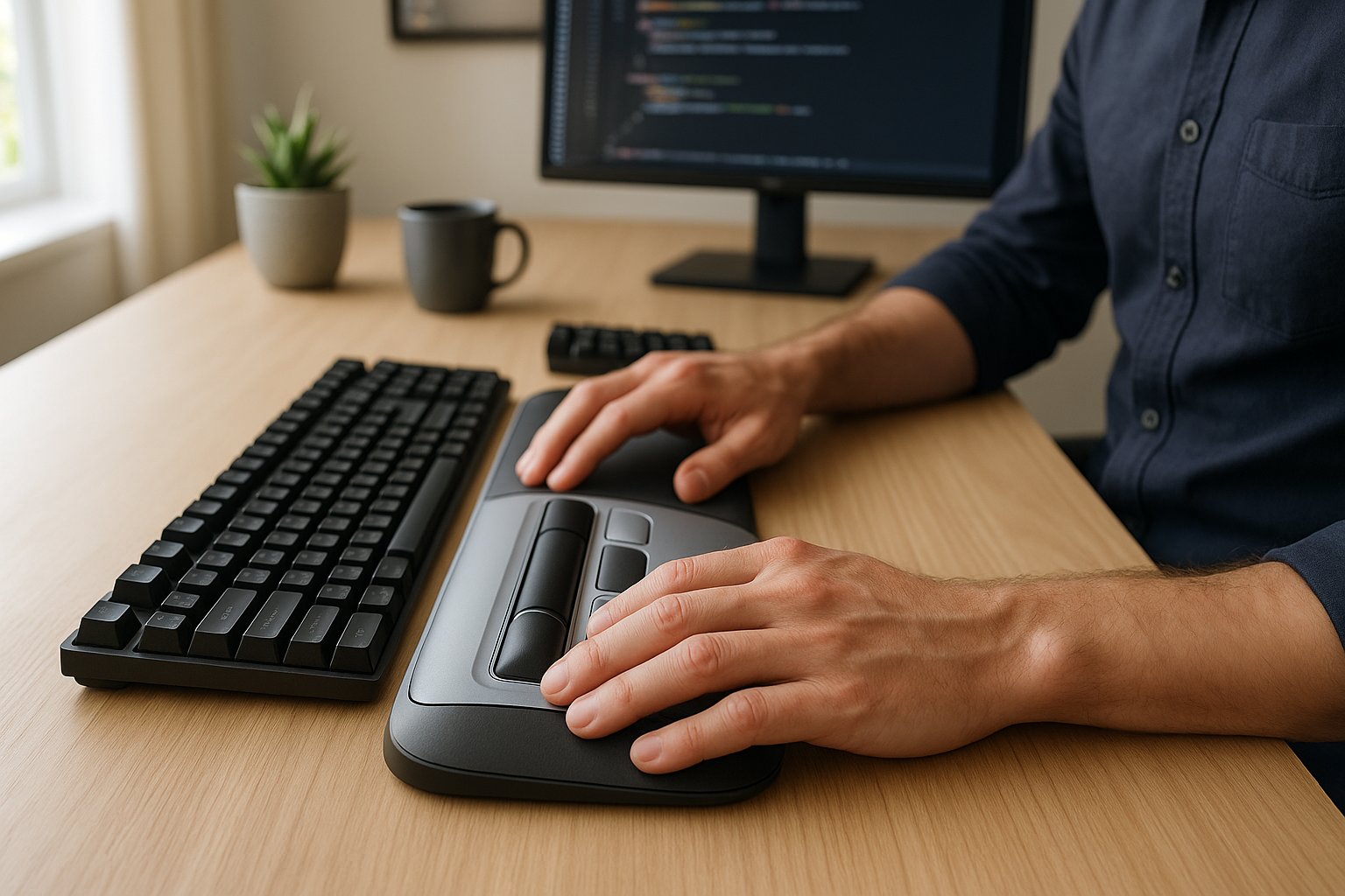 A professional using an ergonomic roller mouse at a modern home office desk.