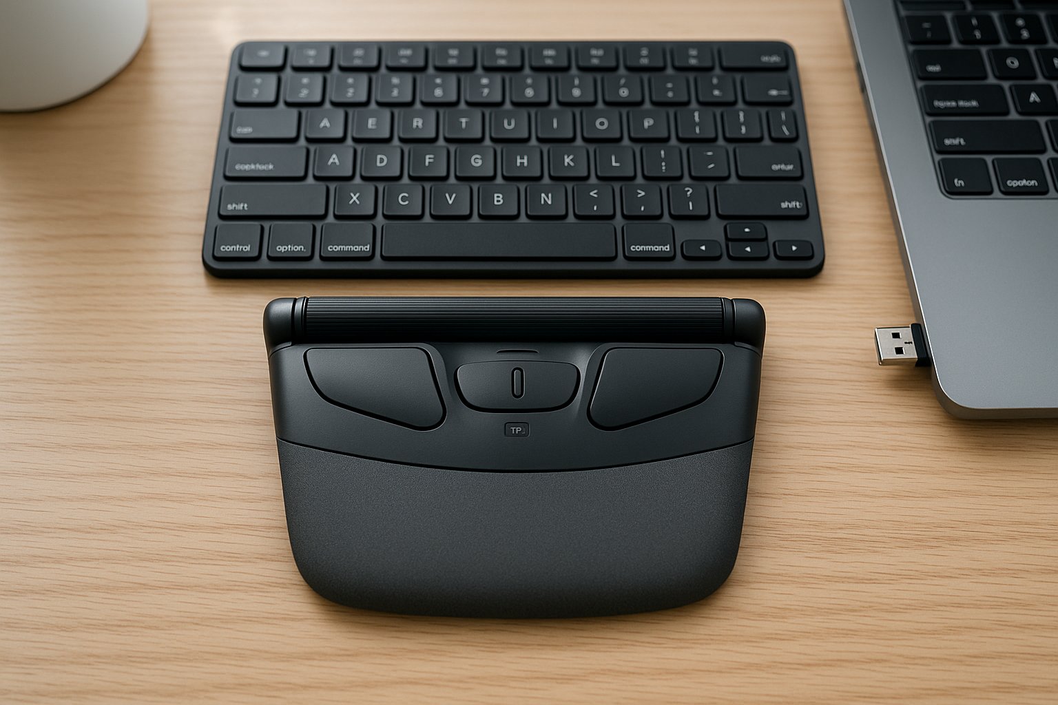 An ergonomic roller mouse with textured rollerbar paired with a keyboard on a desk.