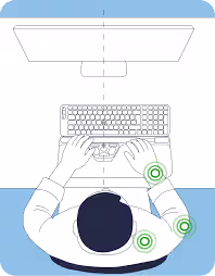 Graphic showcasing the right ergonomic sitting posture using a centered mouse