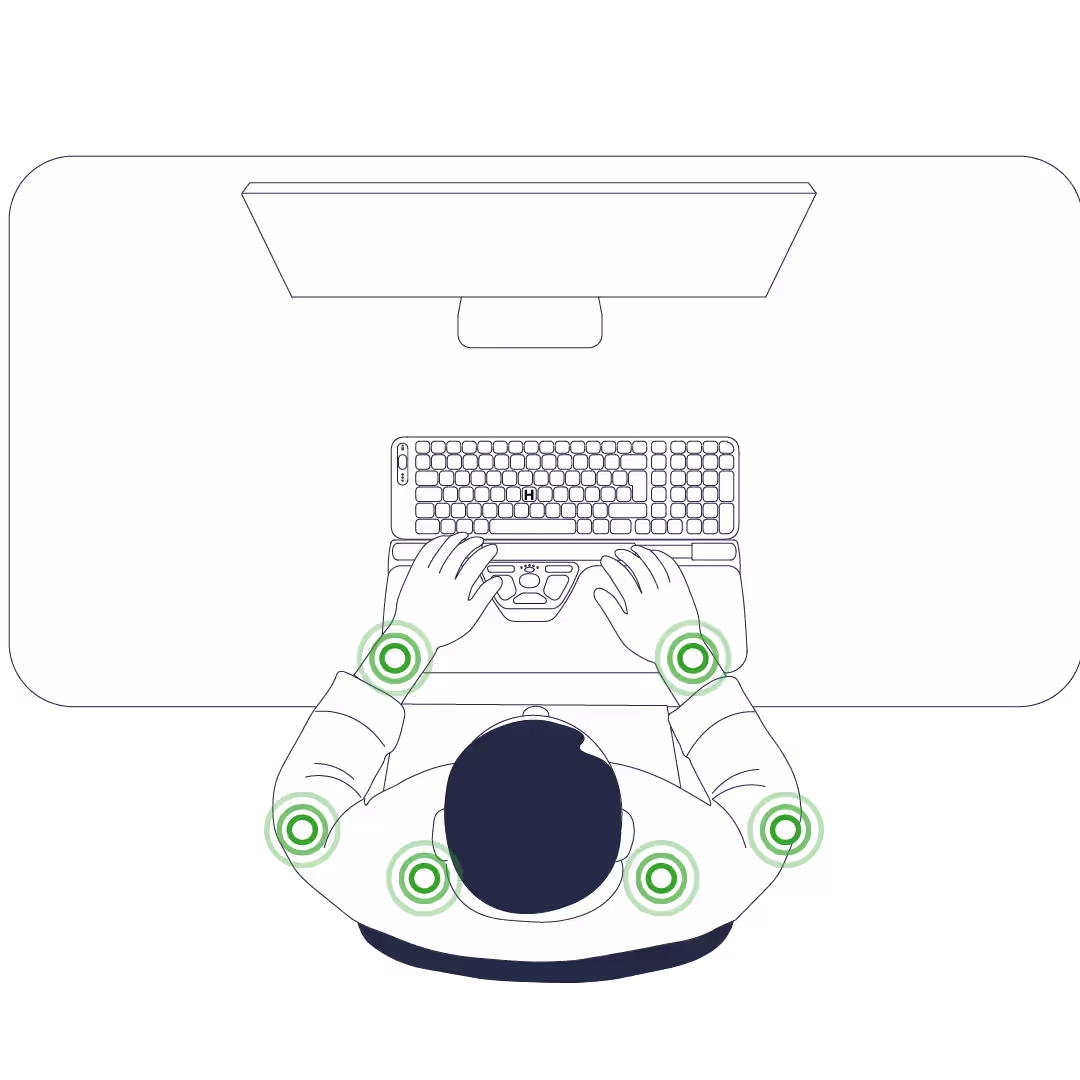 Overhead ergonomic workstation diagram highlighting neutral wrist, elbow, and shoulder positioning while typing.