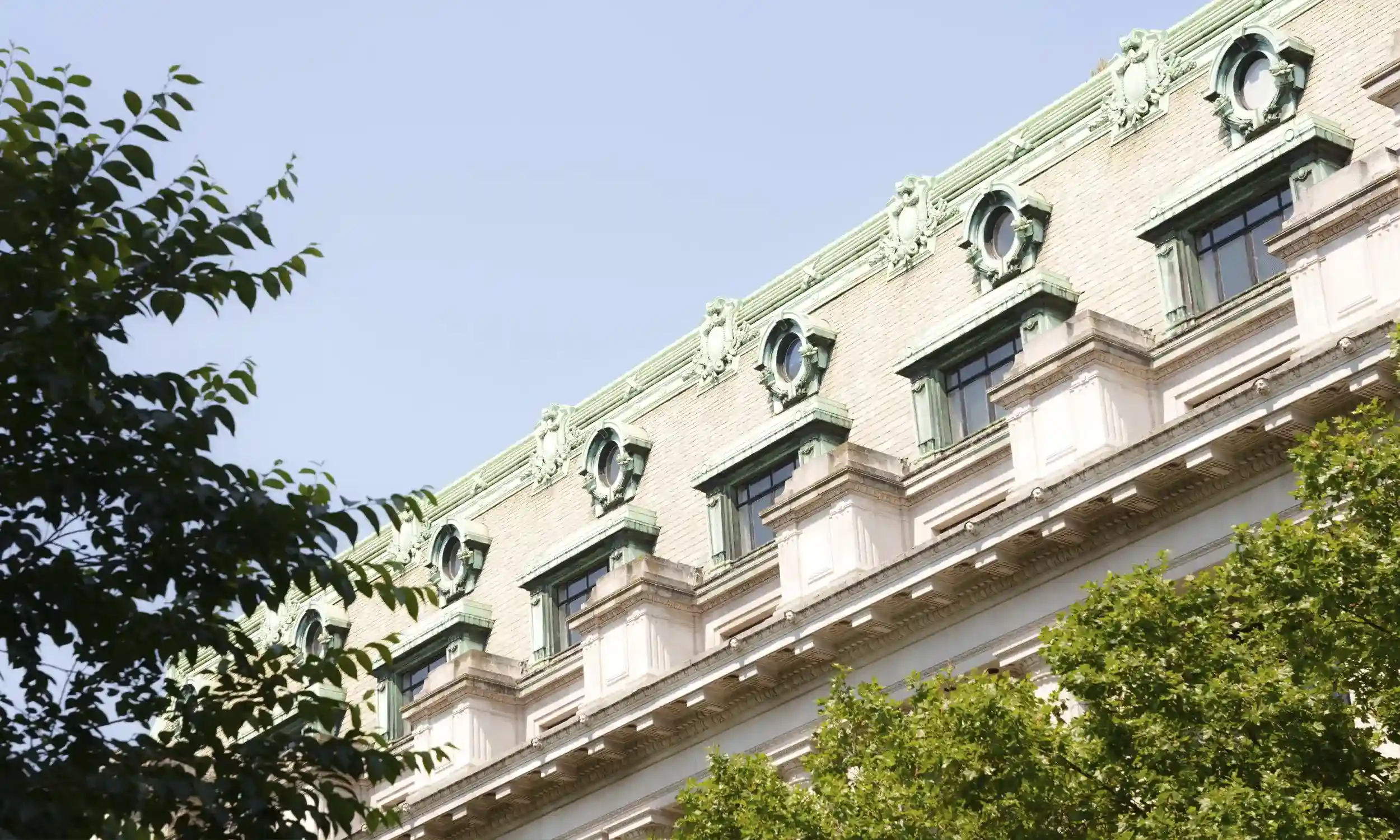 Upper facade of a classical building with ornate round windows and green copper detailing, partially framed by leafy trees under a clear sky.