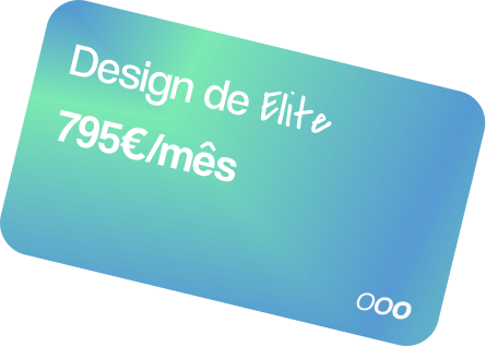 Card with blue-green gradient background displaying white text: 'Design de Elite 795€/mês'.