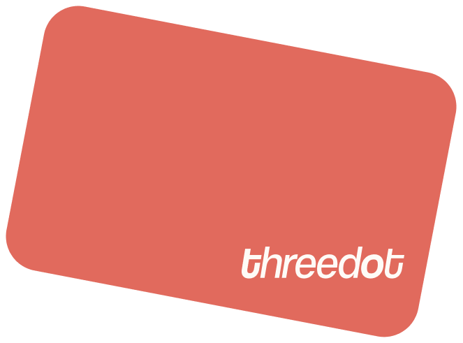 Red rounded rectangle card with the white lowercase text 'threedot' in italic font at the bottom right corner.