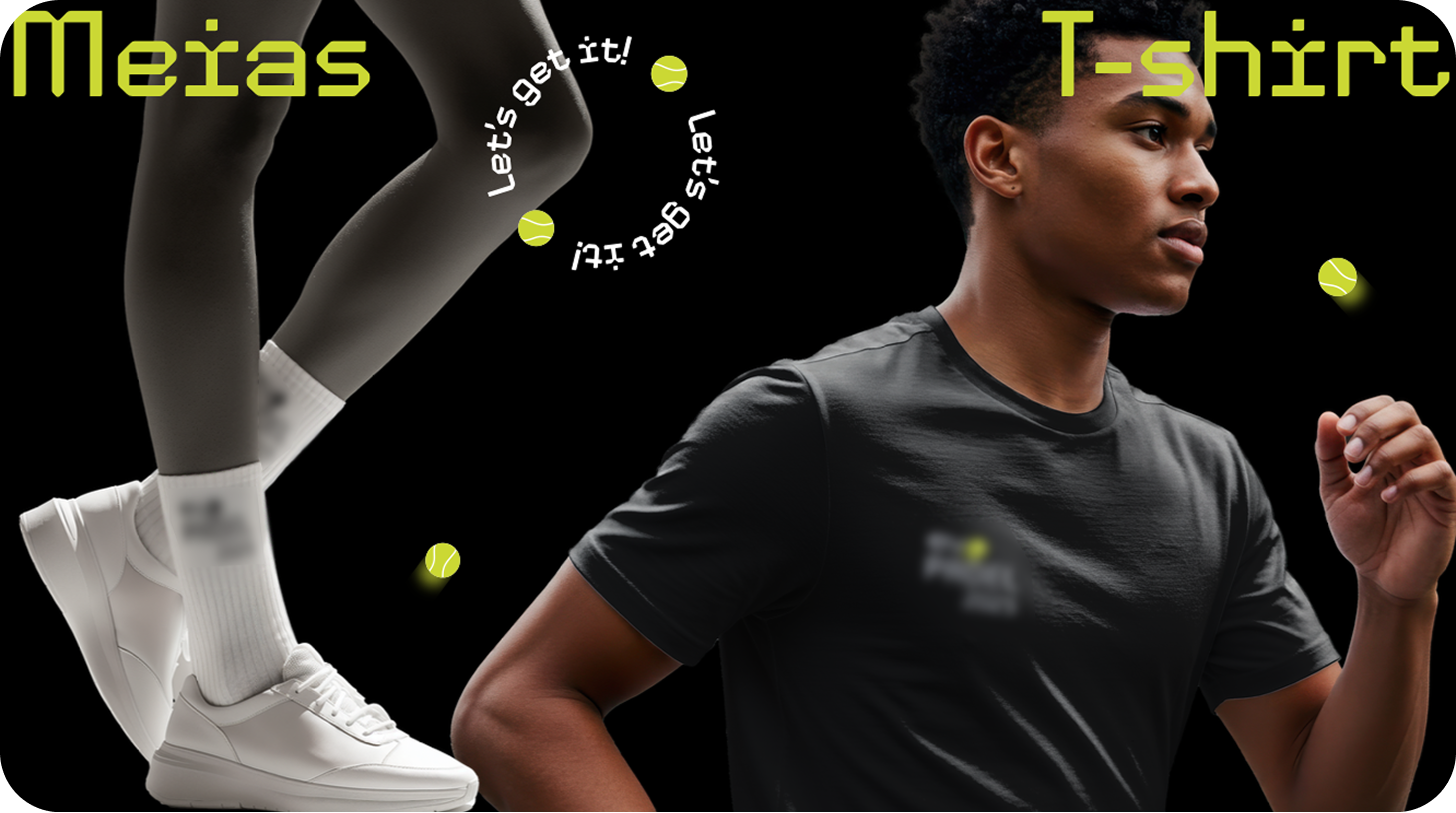 Close-up of a person wearing white sneakers and white socks on the left, and a man in a black T-shirt on the right, with floating tennis balls and text reading 'Meias' and 'T-shirt'.