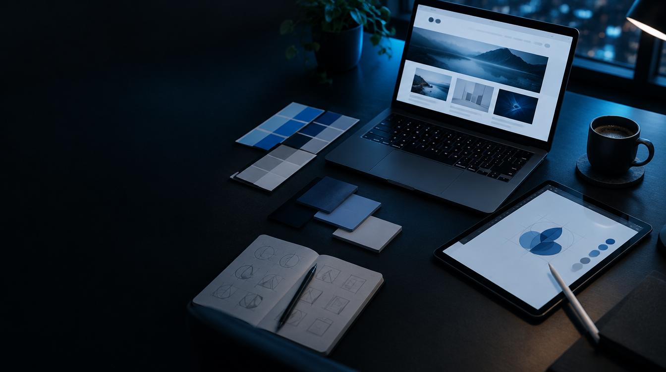 Designer's desk at night with a laptop, tablet logo sketch, and blue brand color swatches