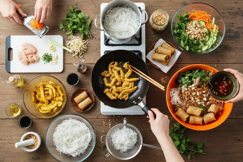 Préparation d’un bo bun vietnamien avec vermicelles de riz, poulet sauté, nems, légumes frais et sauce nuoc-mâm
