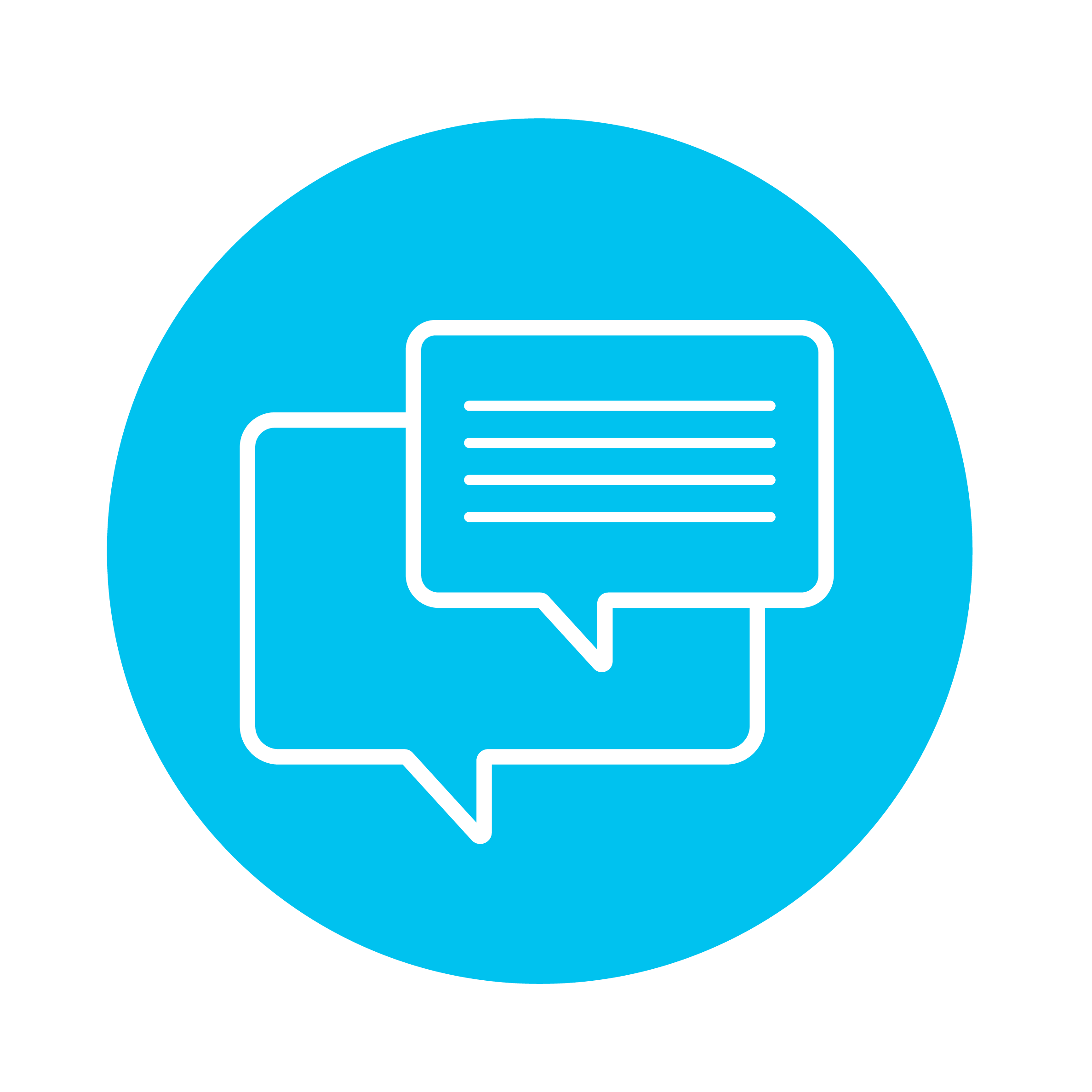 A blue circle containing an icon of a text message conversation.