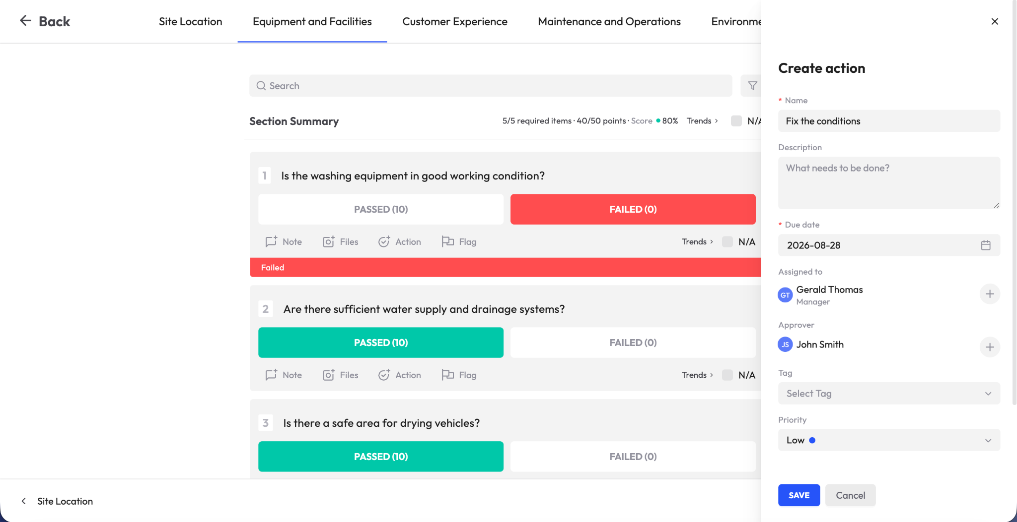 A failed inspection item in the monitorQA inspection management software