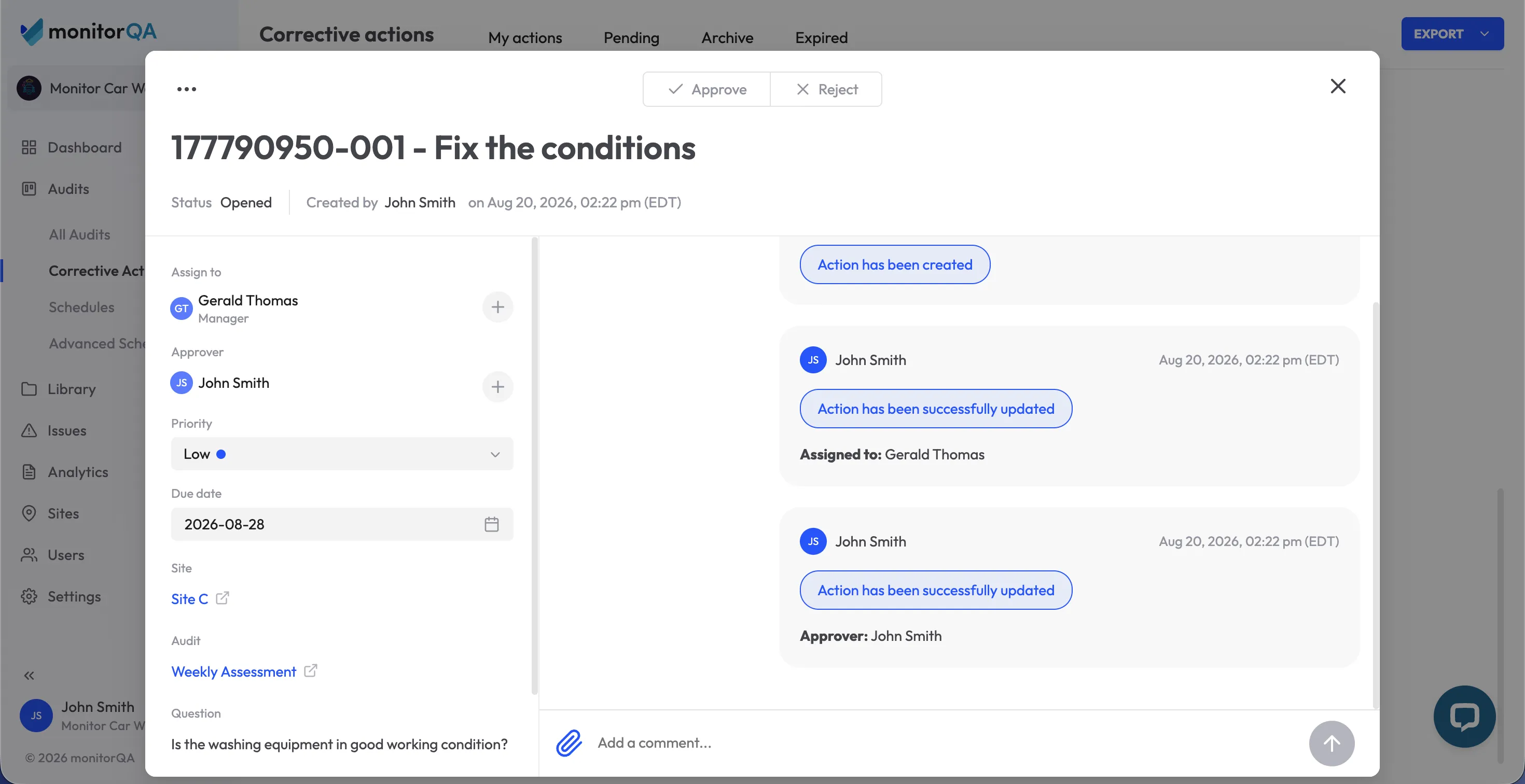 Automated corrective action tracking in the monitorQA inspection management software