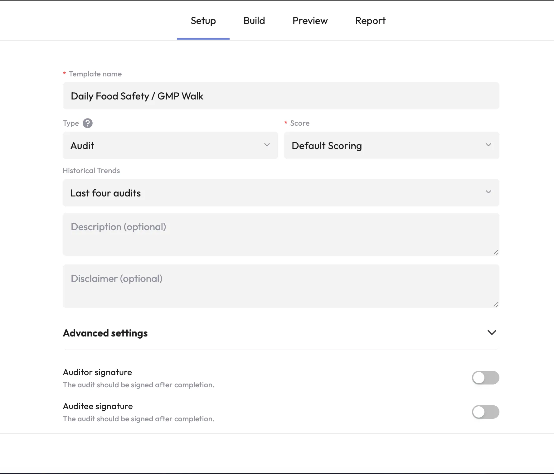 monitorQA audit template builder showing a checklist being created and configured