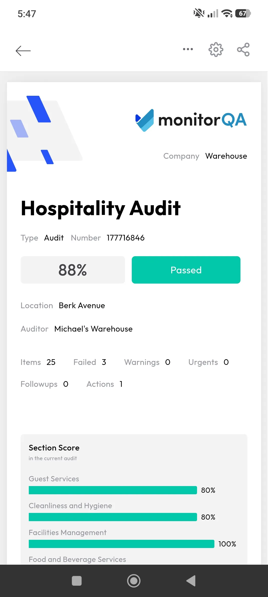 Hospitality audit conducted using monitorQA internal audit software