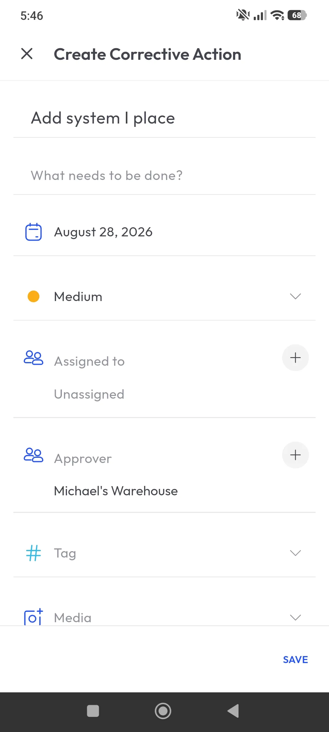monitorQA mobile app screen for creating a corrective action