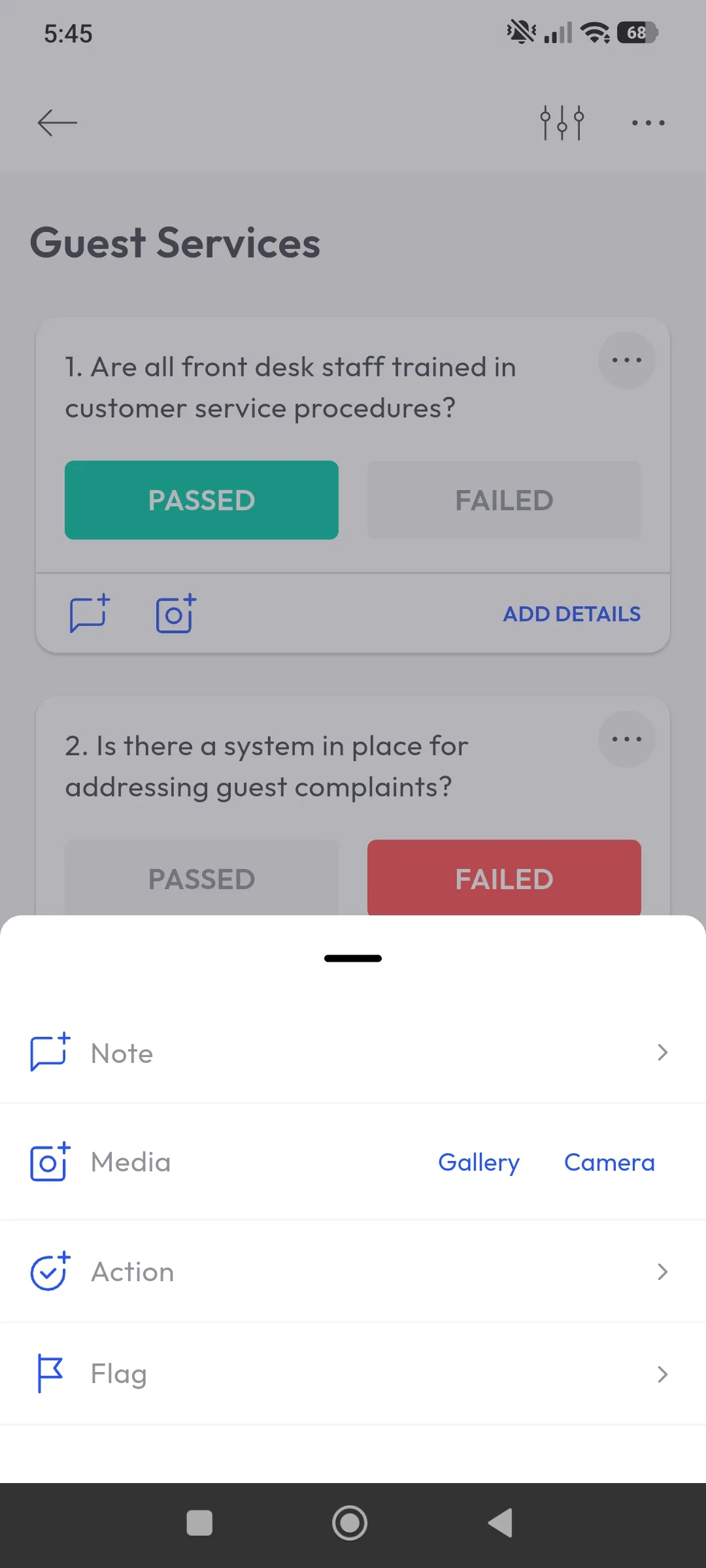 monitorQA mobile app showing the option to attach media as audit evidence