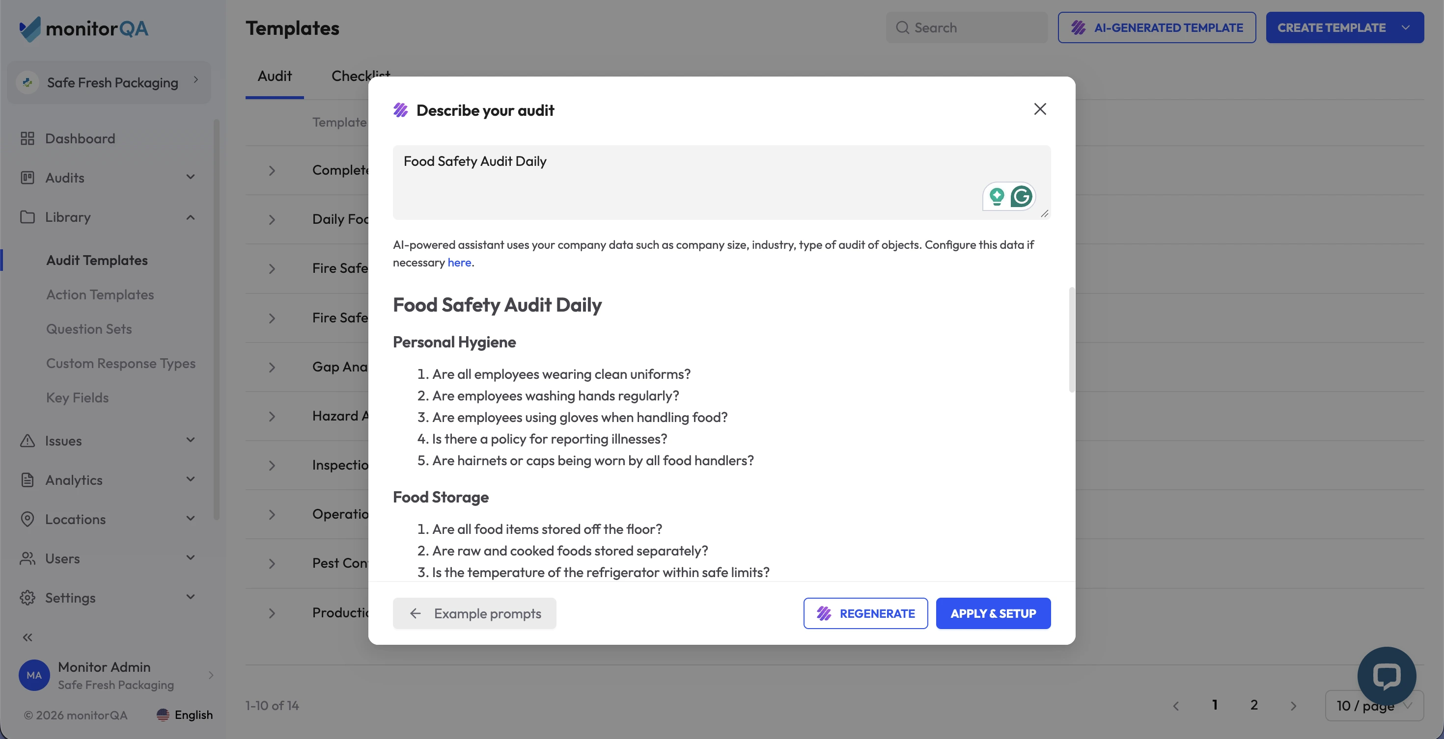monitorQA AI-powered template builder generating an audit checklist template
