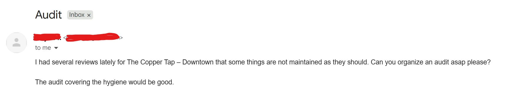 Client email reporting a maintenance issue at a property, shown as the trigger for creating a monitorQA audit